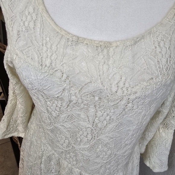 Free People Gypsy Mountain Ivory Lace 3/4 Sleeves Mini Dress Size L - Picture 8 of 10